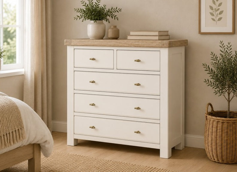 Windsor 2+3 Chest With A Coconut White Frame & Oak Top – Rustic Country Style Bedroom Furniture (GLH)