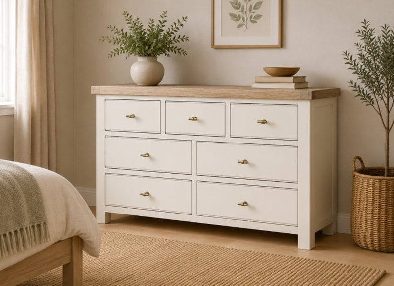 Windsor 3+4 Chest With A Coconut White Frame & Oak Top – Rustic Country Style Bedroom Furniture (GLH)