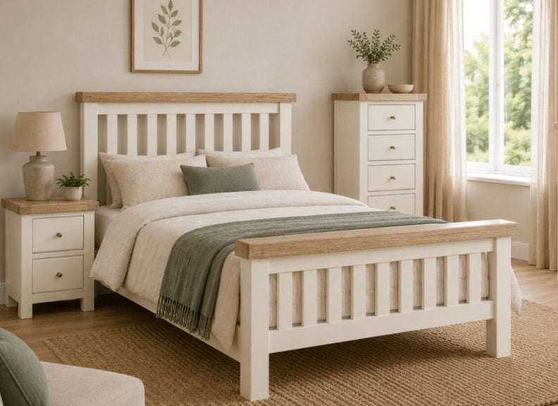 Windsor Bed With A Coconut White Frame & Oak Top – Rustic Country Style Bedroom Furniture (GLH)