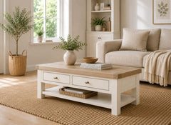 Windsor Coffee Table With Drawers - Rustic Country Style Occasional Furniture With A Coconut White Frame & Oak Top –  (GLH)