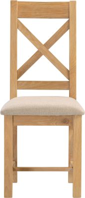Two Windsor Cross Back Dining Chairs – Natural Oak with Oat Fabric Upholstery (WBF)