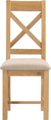 Two Windsor Cross Back Dining Chairs – Natural Oak with Oat Fabric Upholstery (WBF)
