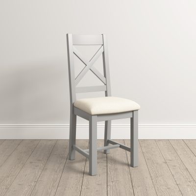 Two Windsor Cross Back Dining Chairs – Pebble Grey with Oat Fabric Seat (WBF)