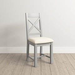 Two Windsor Cross Back Dining Chairs – Pebble Grey with Oat Fabric Seat (WBF)