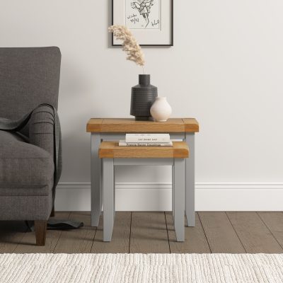 Windsor Nest of 2 Tables – Pebble Grey with Oak Top (WBF)